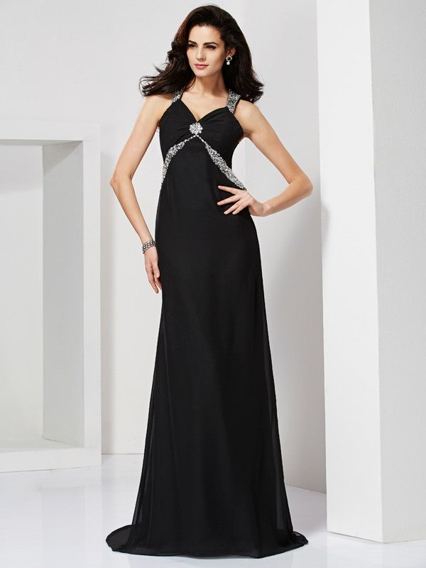 Sheath Chiffon Straps Sleeveless Sweep/Brush Train With Beading Dresses